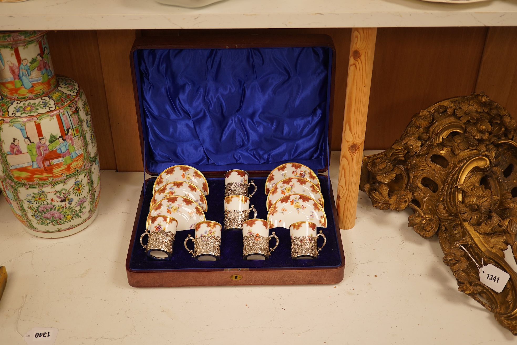 A cased Wurttemberg porcelain coffee set, silver mounted, 40cm wide
